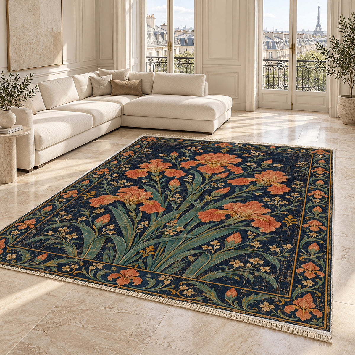 Iris Fan Midnight & Melon washable rug angled room view on marble