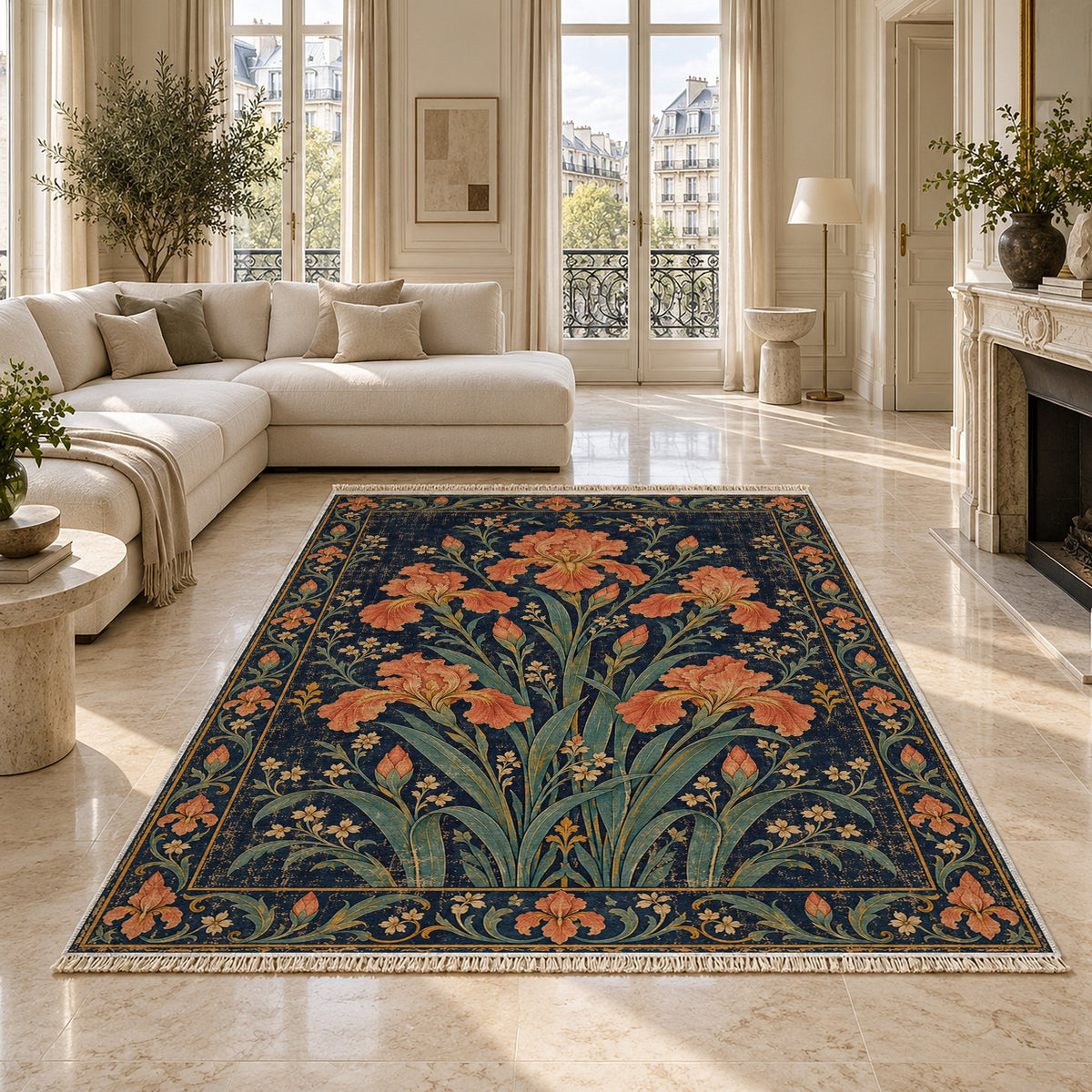 Iris Fan Midnight & Melon washable rug on a marble floor