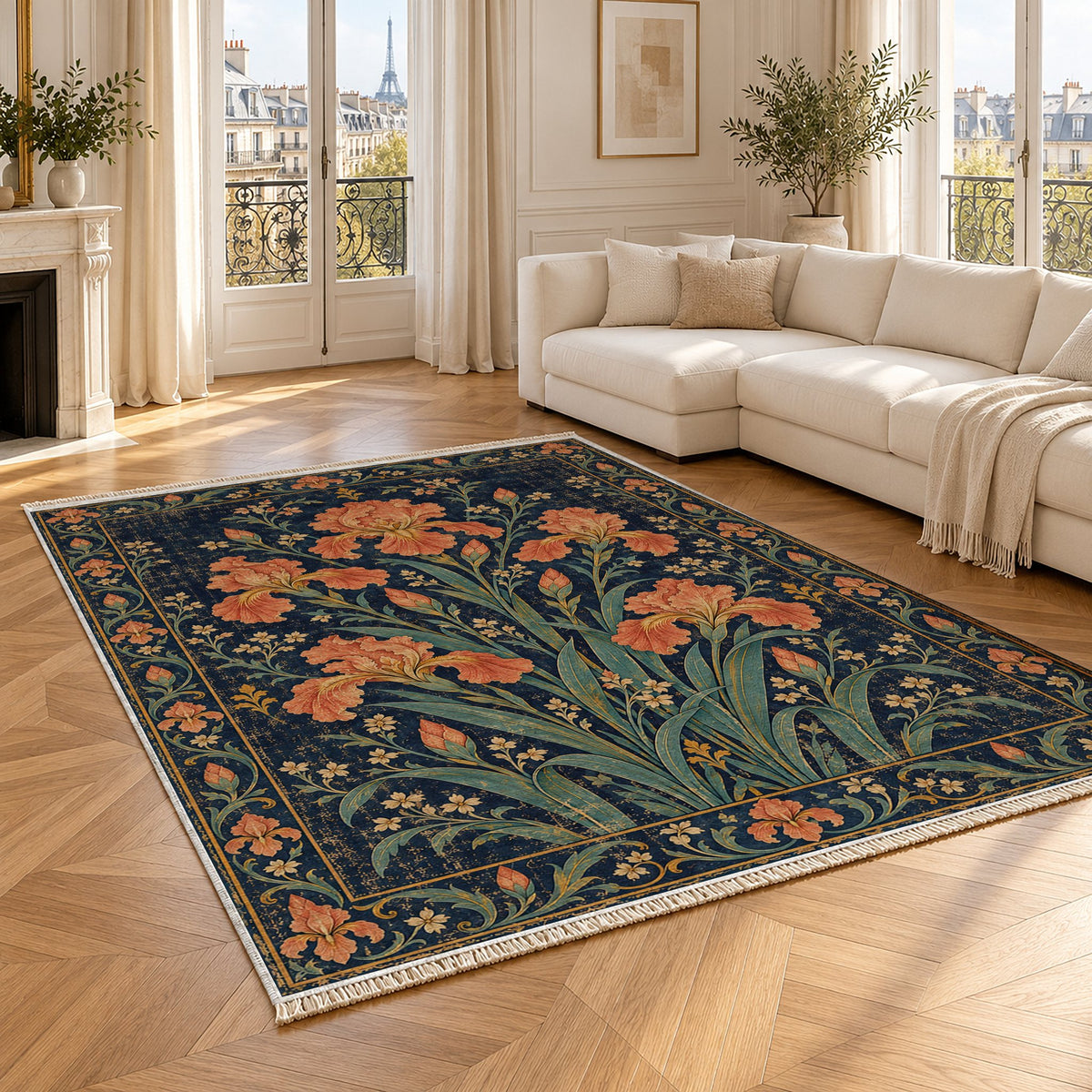 Iris Fan Midnight & Melon washable rug angled room view
