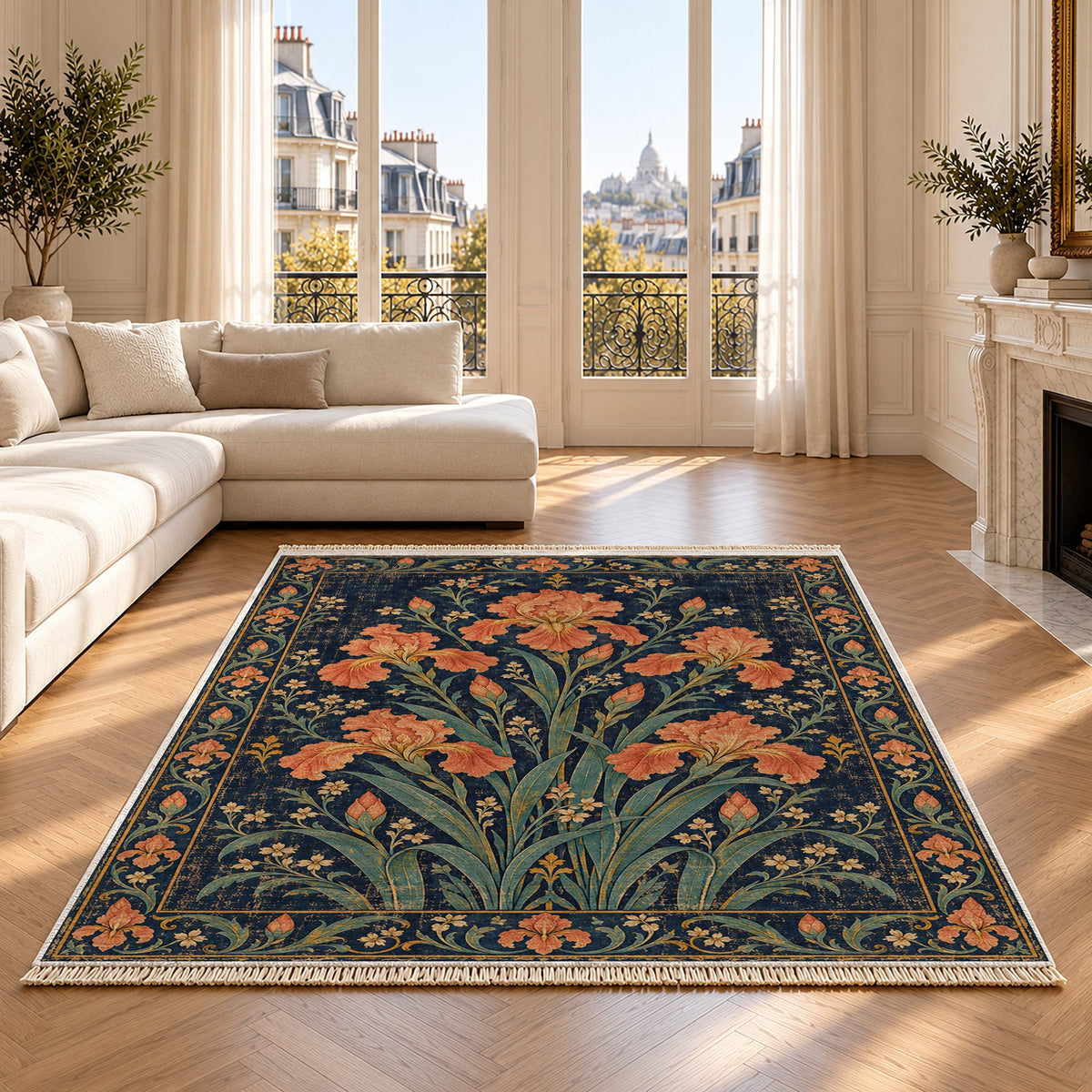 Iris Fan Midnight & Melon washable rug on an oak floor