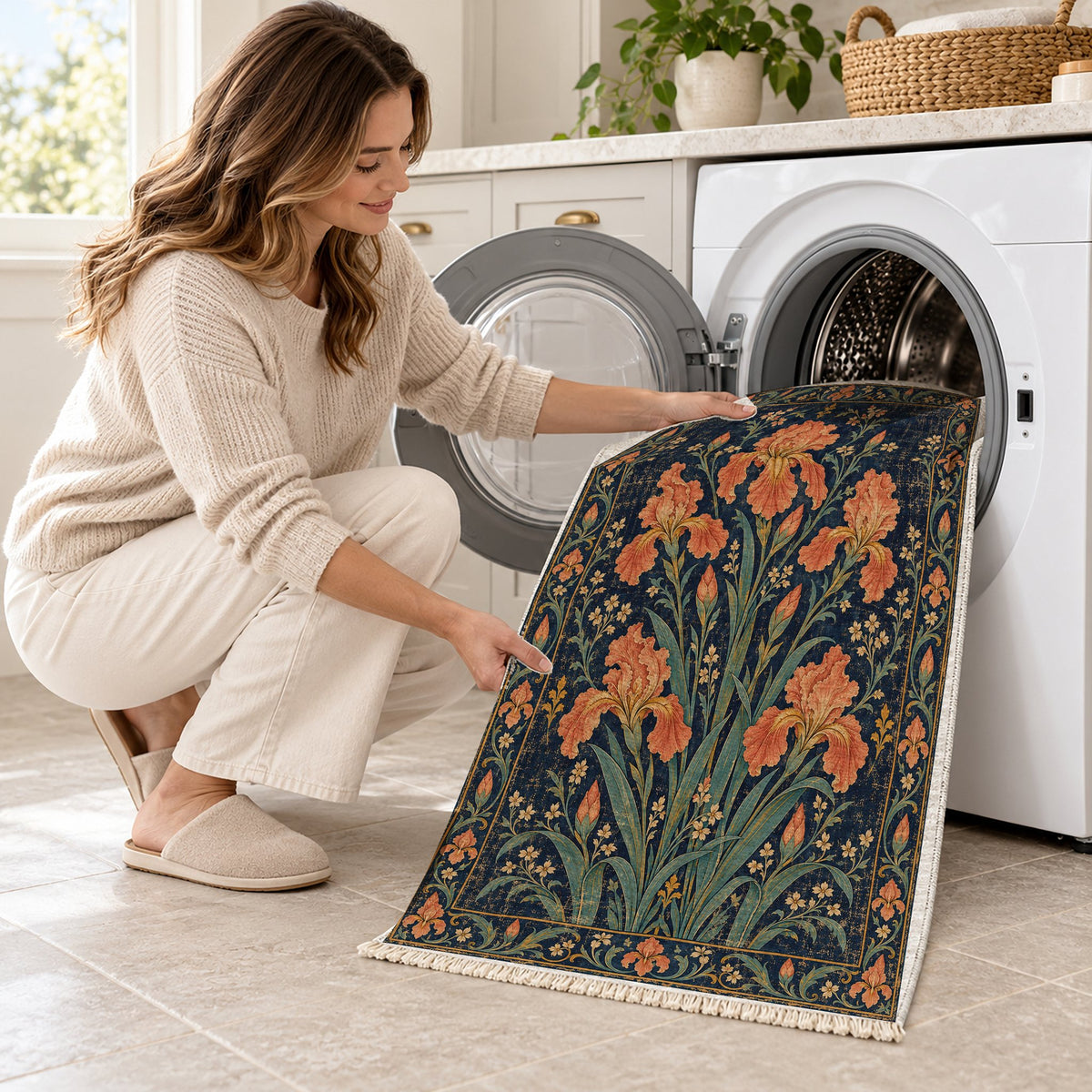 Iris Fan Midnight & Melon washable rug being loaded into a washing machine
