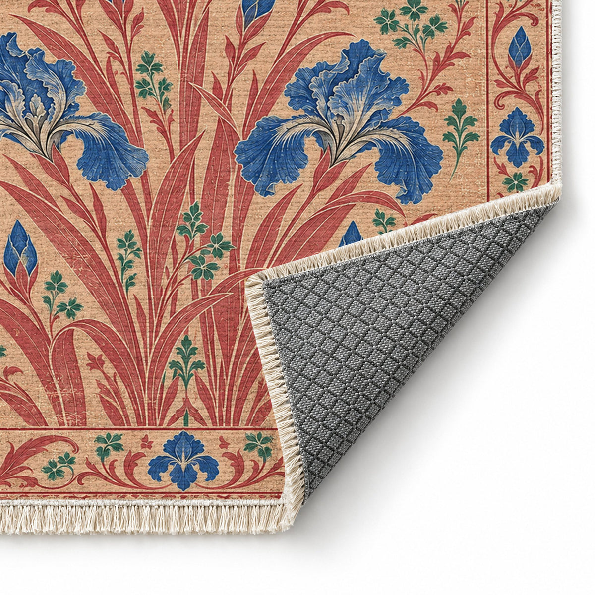 Iris Fan Peach, Cobalt & Jade washable rug folded corner showing the backing