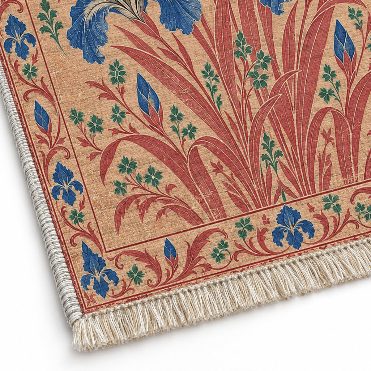 Iris Fan Peach, Cobalt & Jade washable rug close-up of the printed chenille