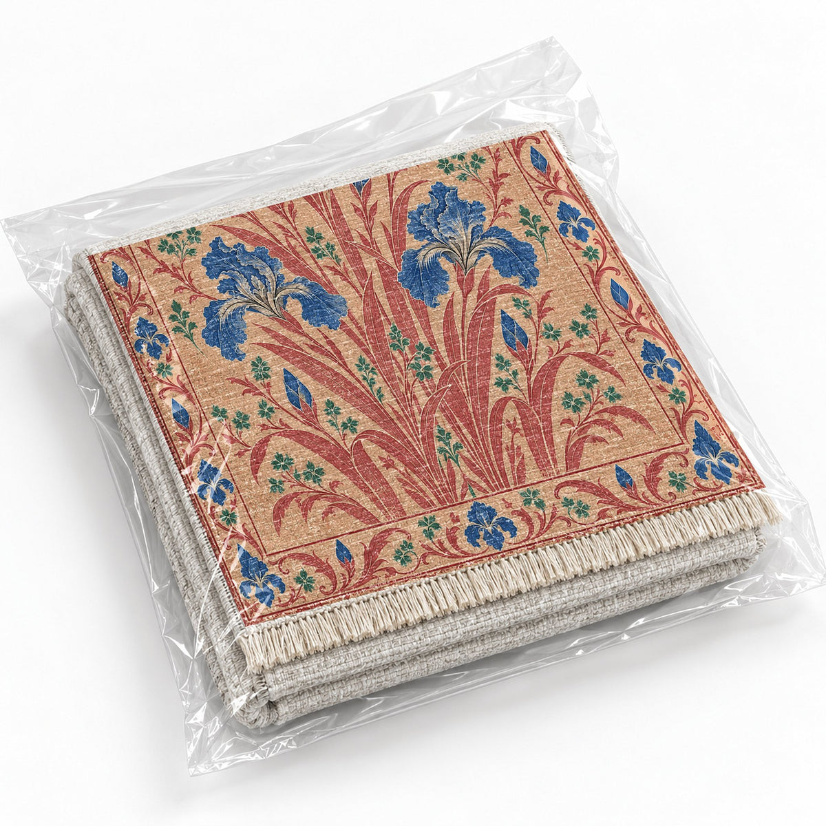 Iris Fan Peach, Cobalt & Jade washable rug rolled and packaged