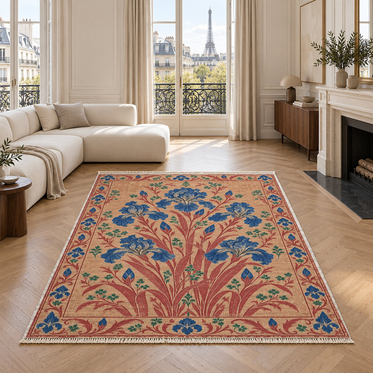 Iris Fan Peach, Cobalt & Jade washable rug in a living room with an Eiffel Tower view