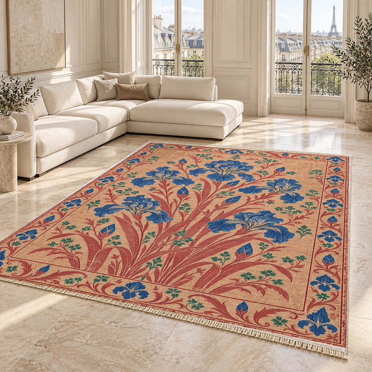 Iris Fan Peach, Cobalt & Jade washable rug angled room view on marble