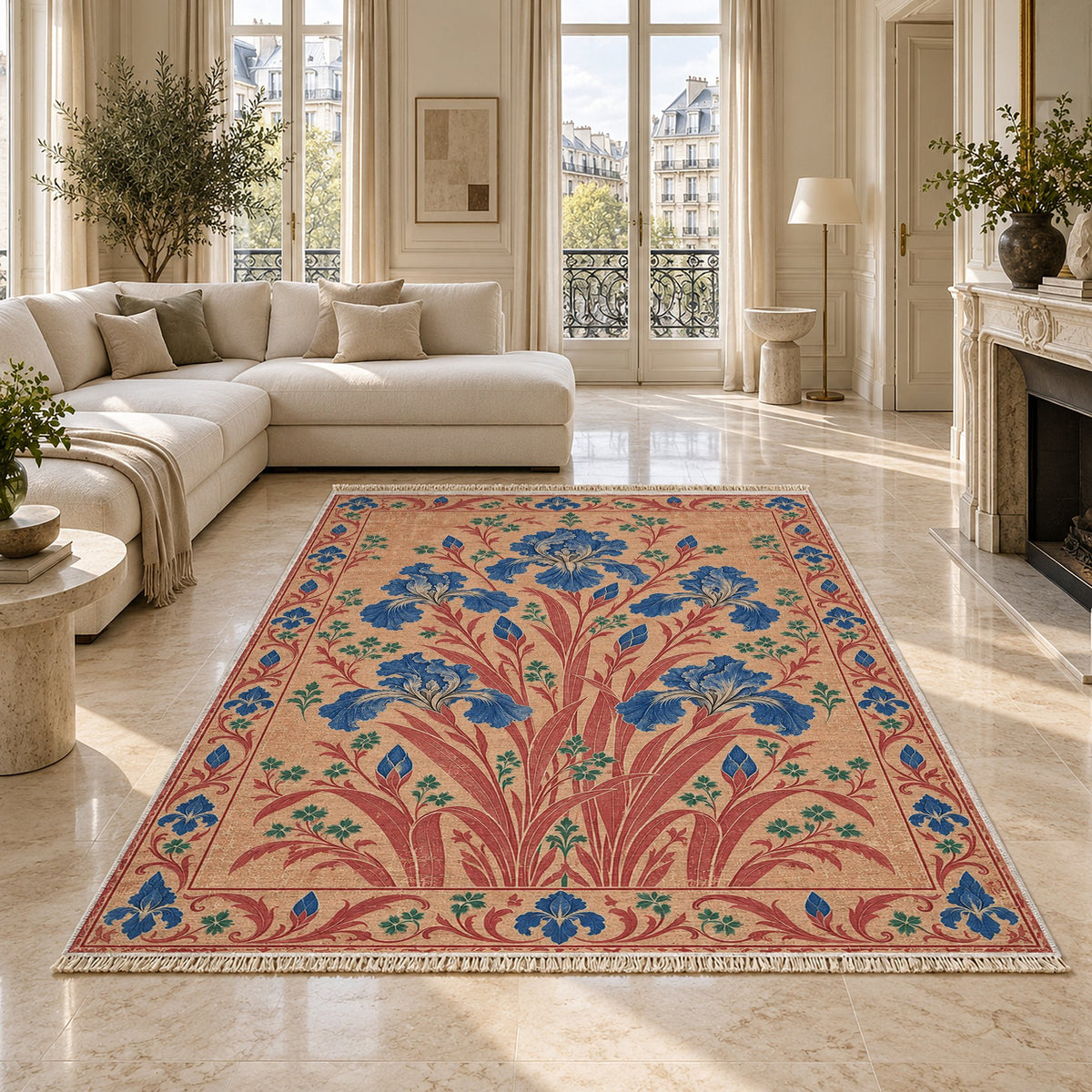 Iris Fan Peach, Cobalt & Jade washable rug on a marble floor