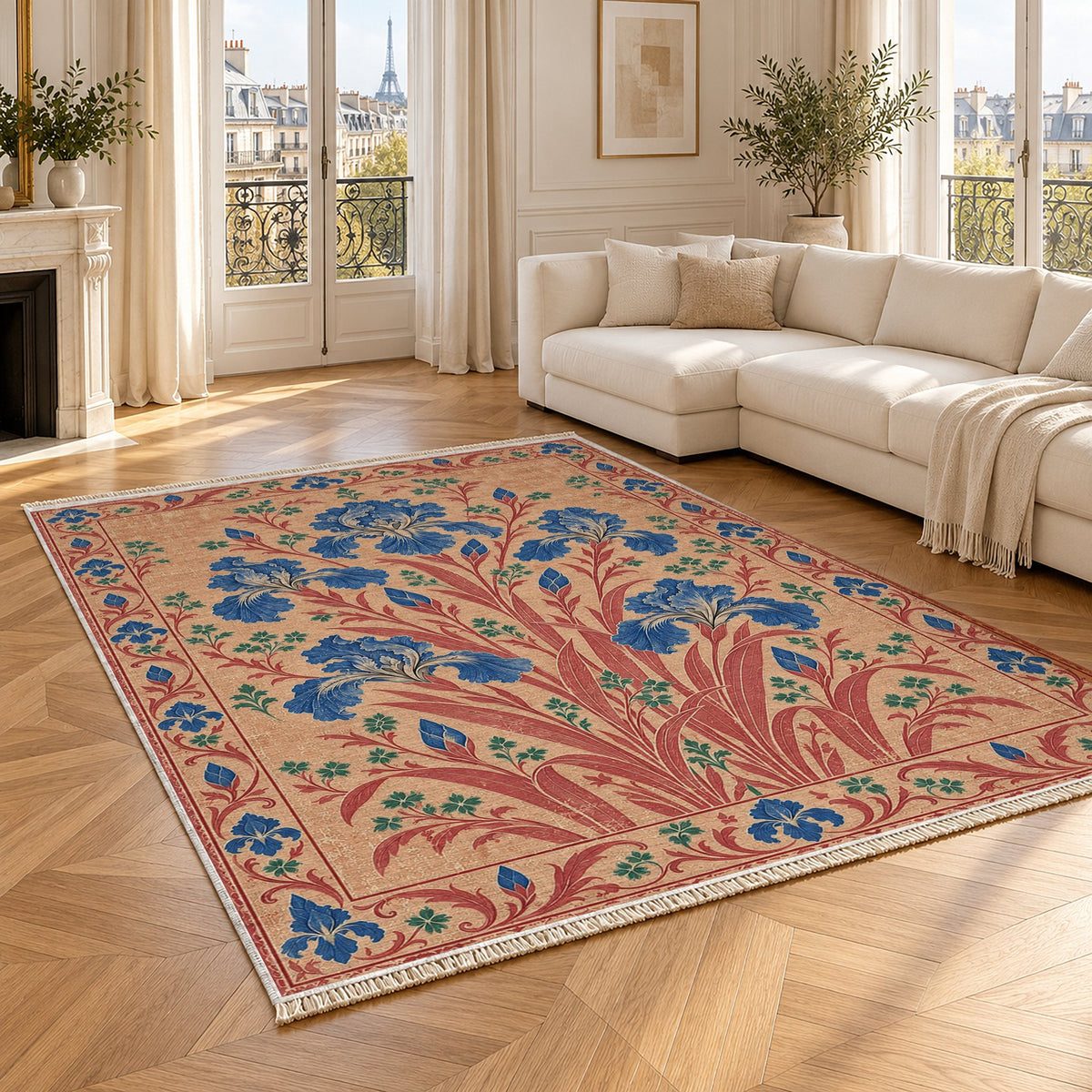 Iris Fan Peach, Cobalt & Jade washable rug angled room view