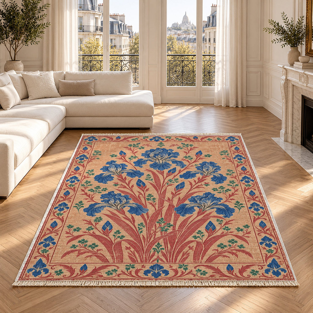 Iris Fan Peach, Cobalt & Jade washable rug in a Paris living room