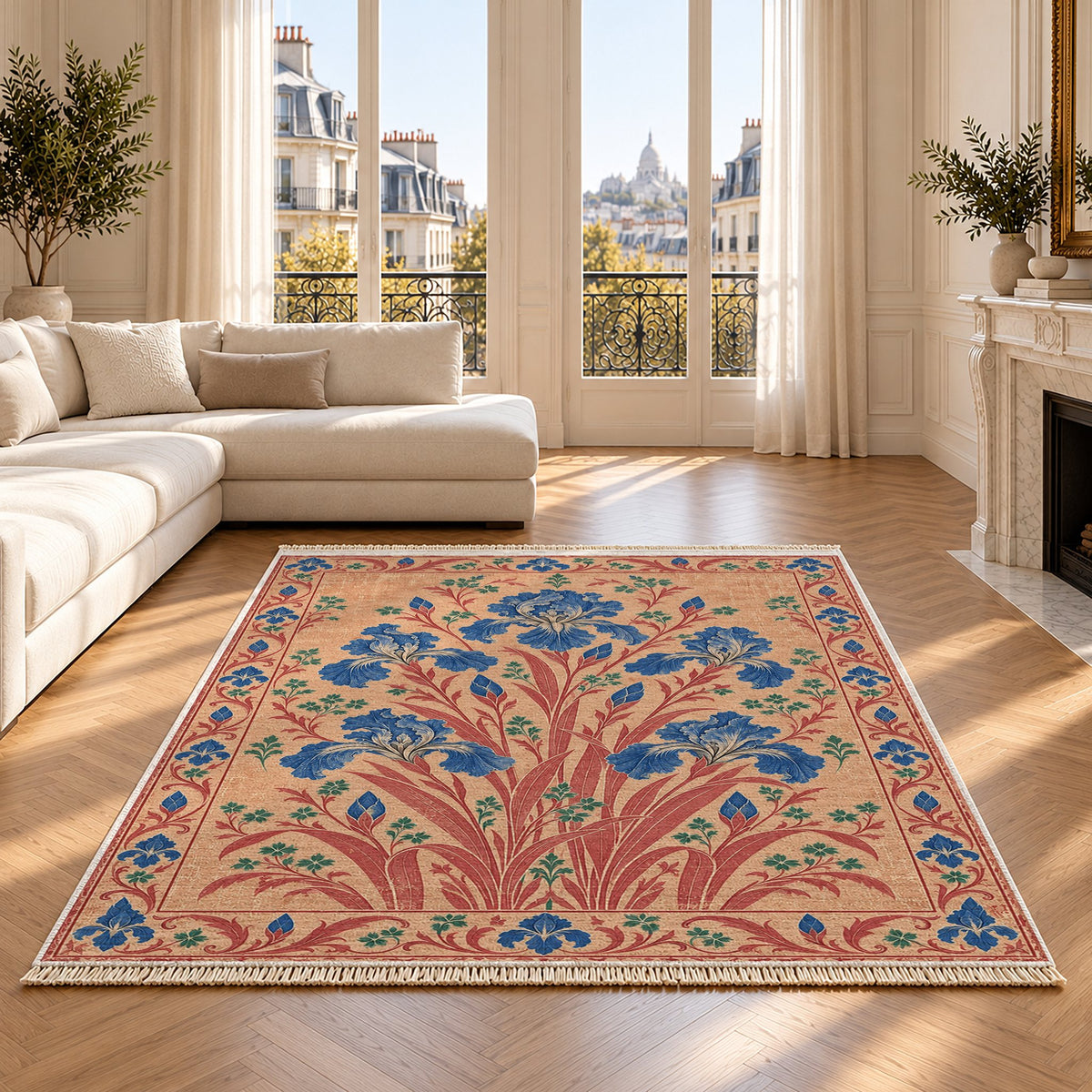Iris Fan Peach, Cobalt & Jade washable rug on an oak floor
