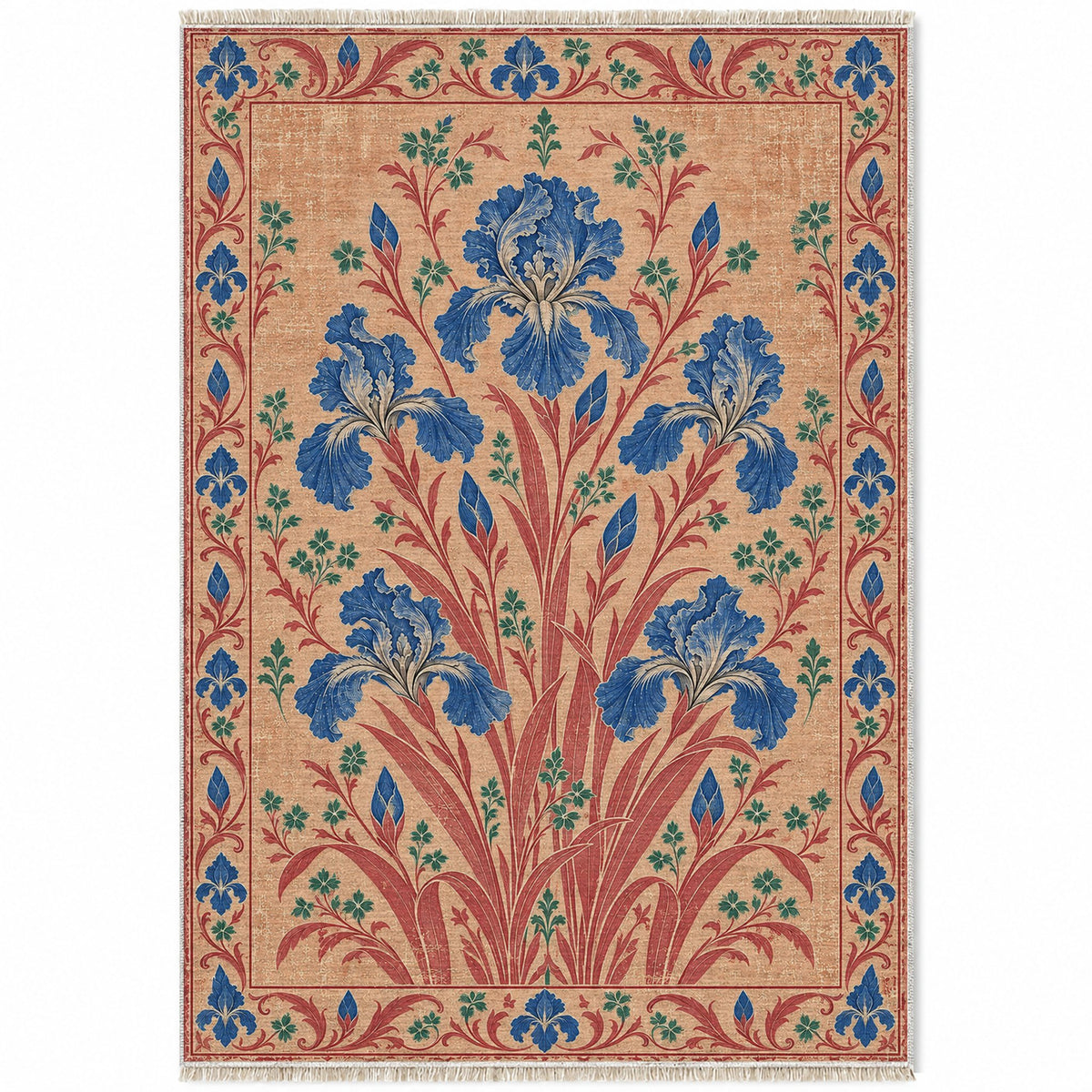Iris Fan Peach, Cobalt & Jade washable rug top view