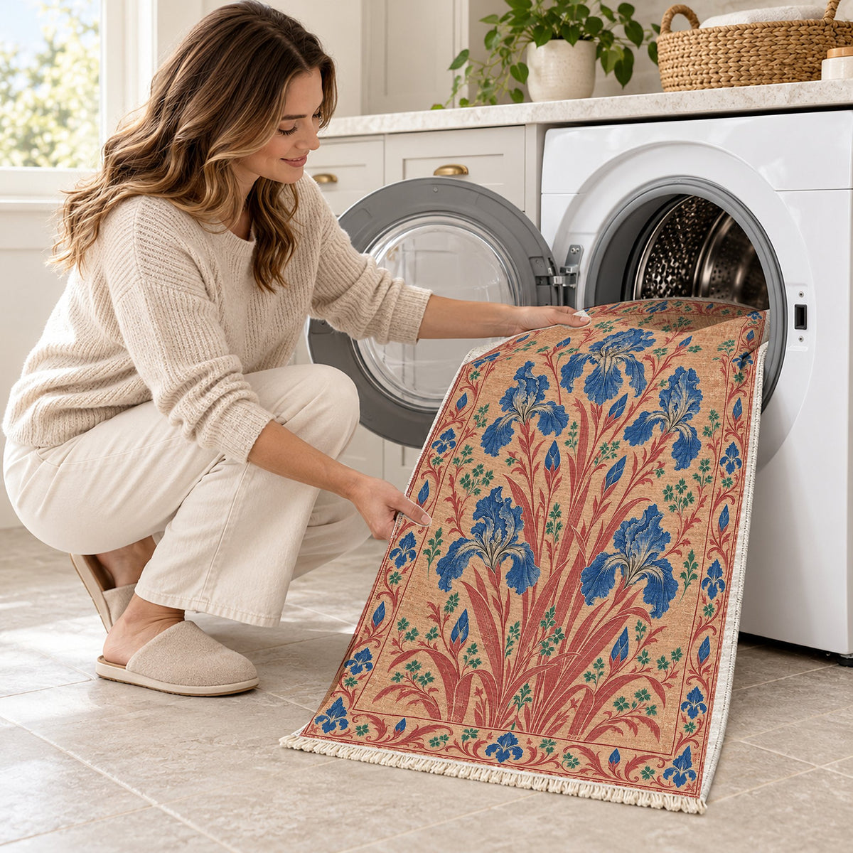Iris Fan Peach, Cobalt & Jade washable rug being loaded into a washing machine