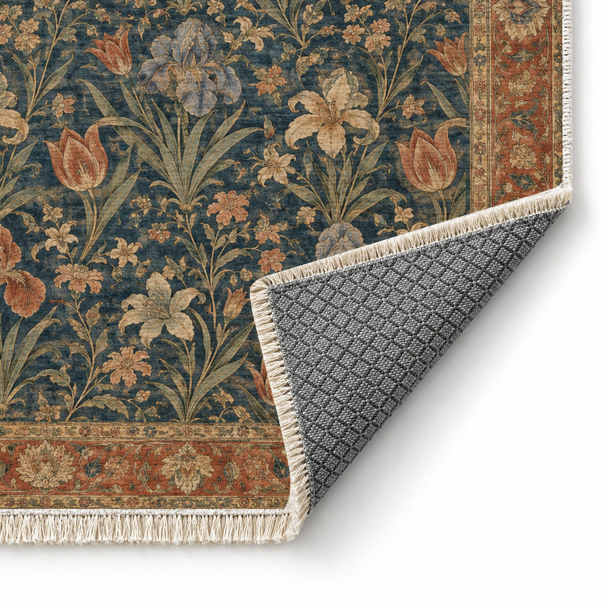 Iris Terrace Indigo & Rust washable rug folded corner showing the backing