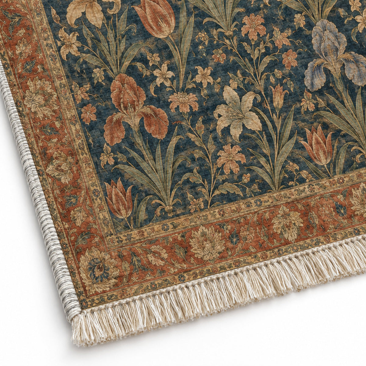 Iris Terrace Indigo & Rust washable rug close-up of the printed chenille
