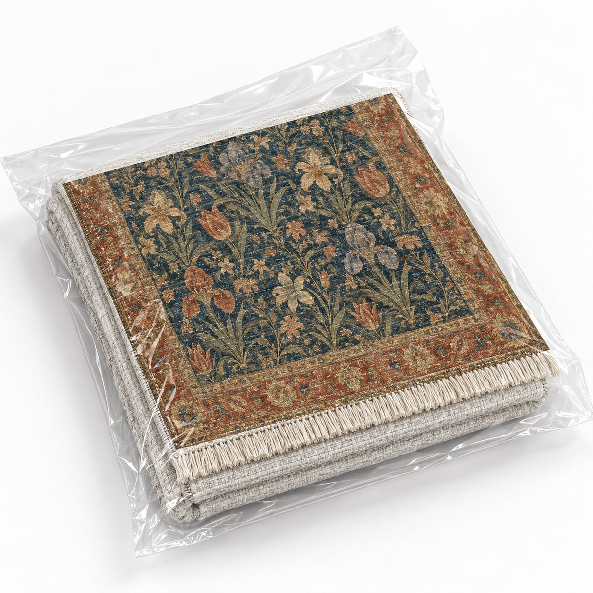 Iris Terrace Indigo & Rust washable rug rolled and packaged
