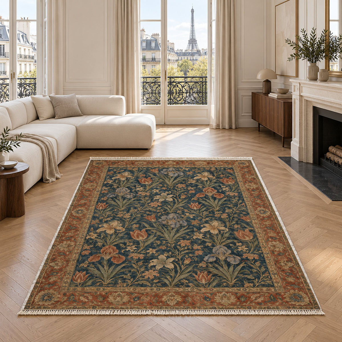 Iris Terrace Indigo & Rust washable rug in a living room with an Eiffel Tower view