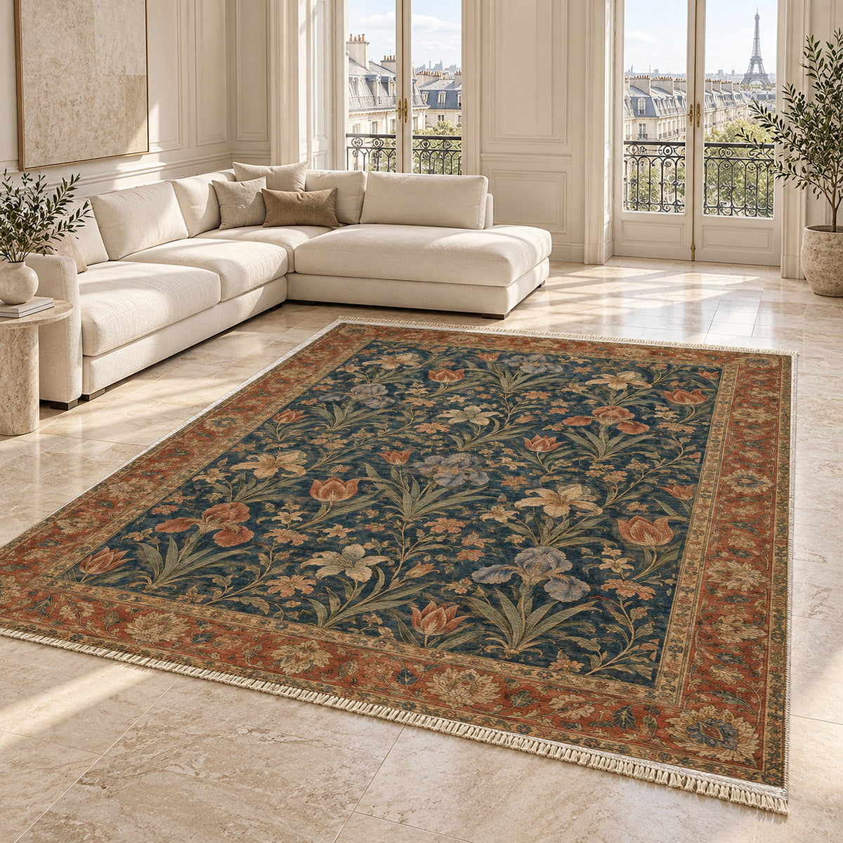 Iris Terrace Indigo & Rust washable rug angled room view on marble