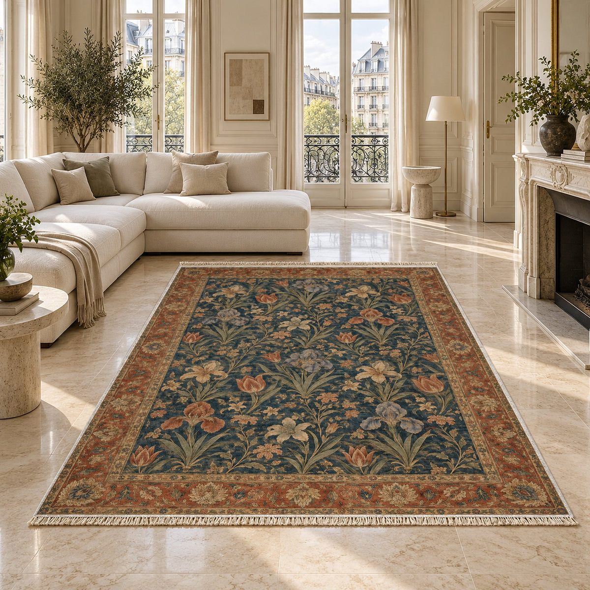 Iris Terrace Indigo & Rust washable rug on a marble floor