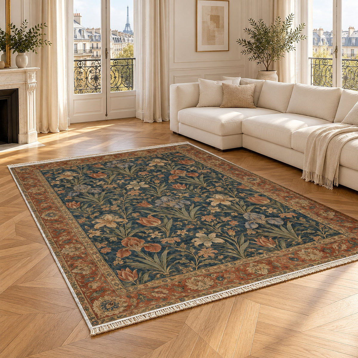 Iris Terrace Indigo & Rust washable rug angled room view