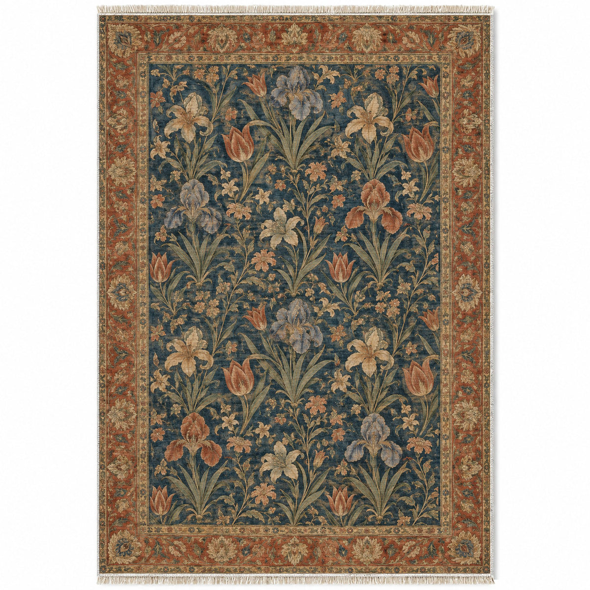 Iris Terrace Indigo & Rust washable rug top view