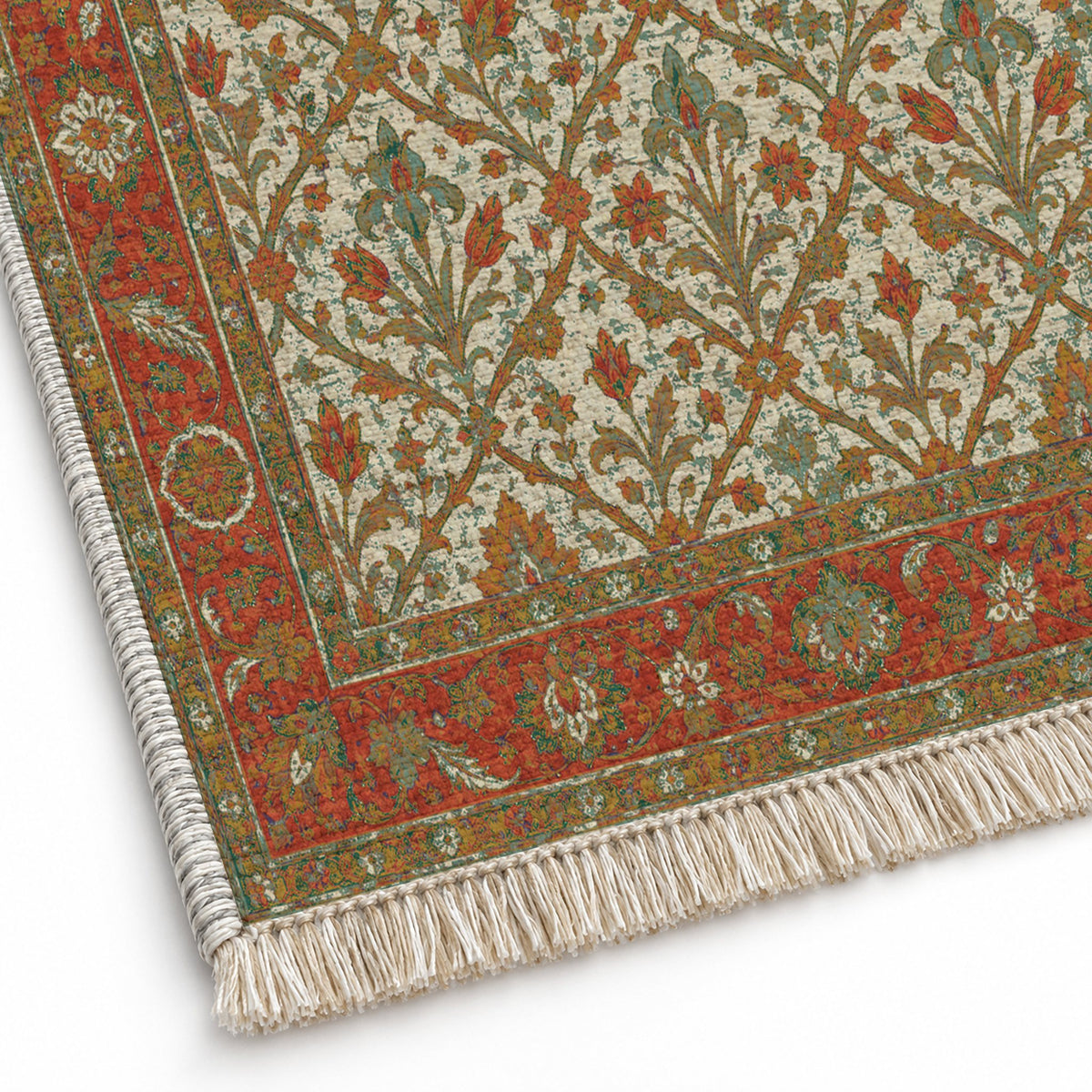 Iris Treasury Emerald & Terracotta washable rug close-up of the printed chenille