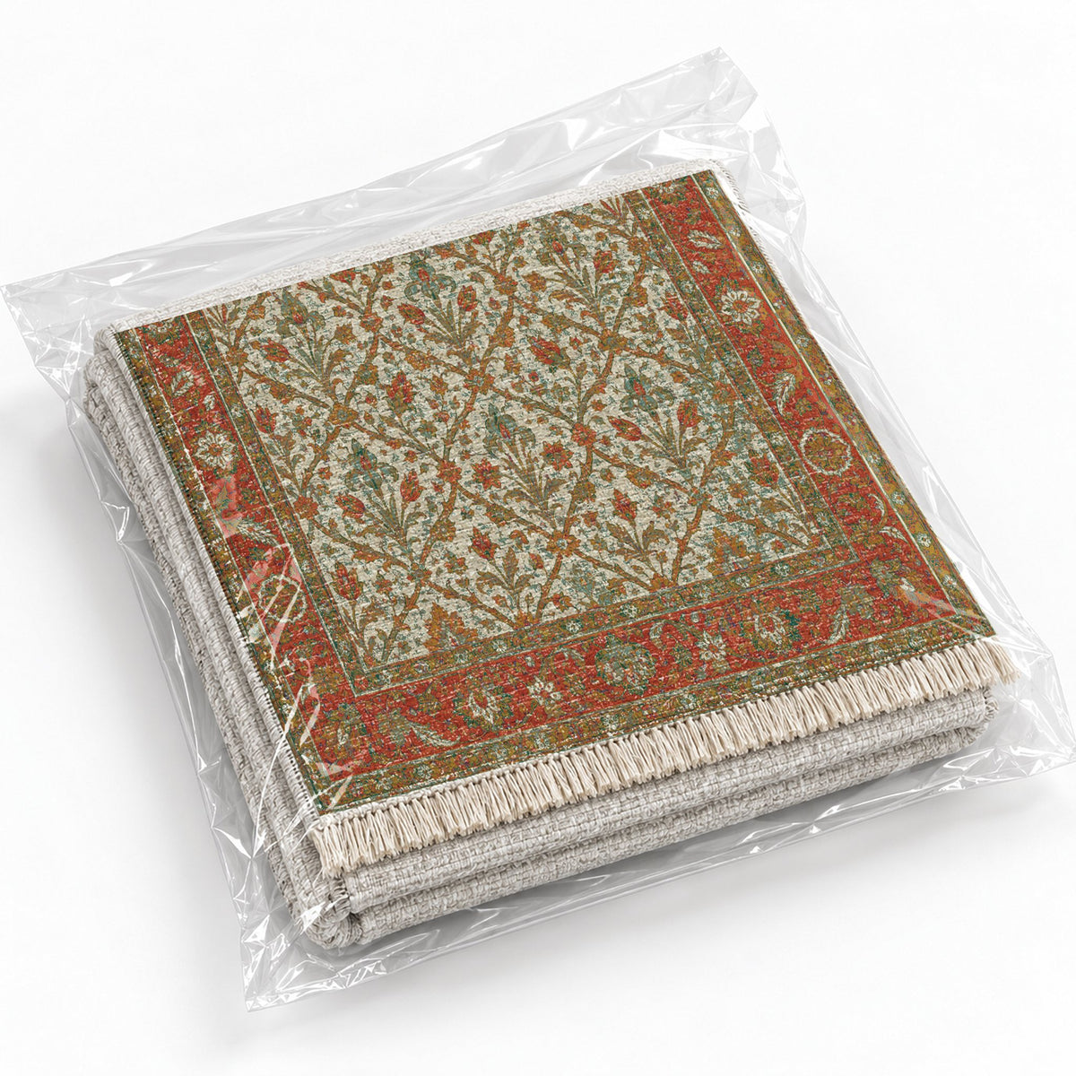 Iris Treasury Emerald & Terracotta washable rug rolled and packaged