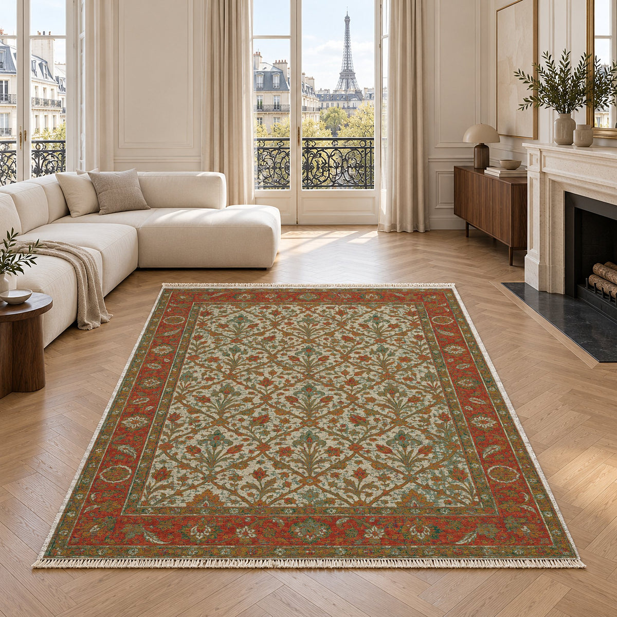 Iris Treasury Emerald & Terracotta washable rug in a living room with an Eiffel Tower view