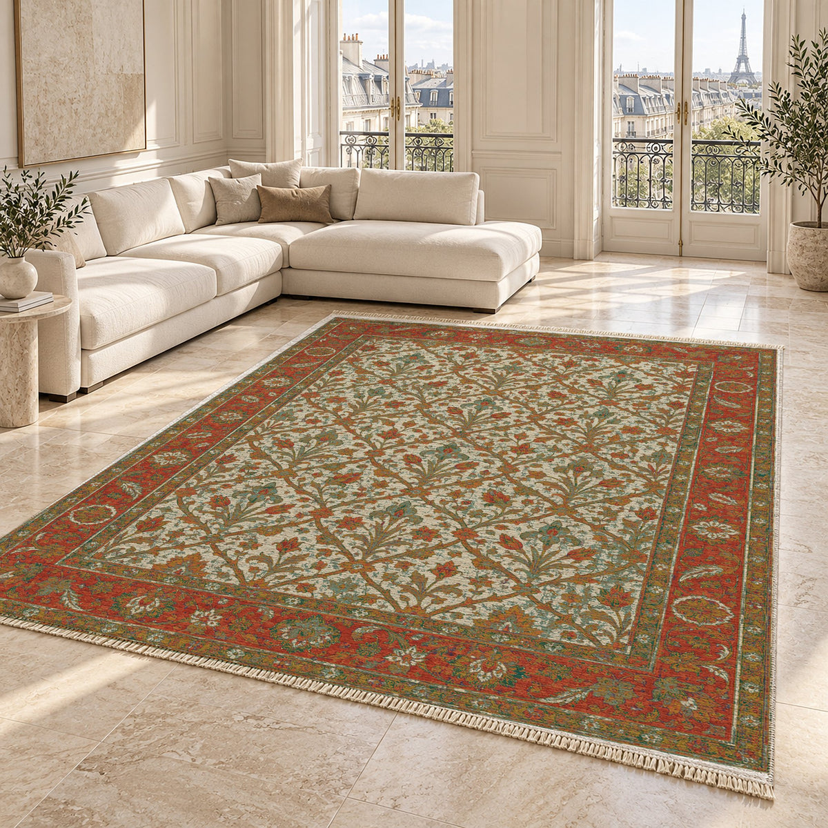 Iris Treasury Emerald & Terracotta washable rug angled room view on marble