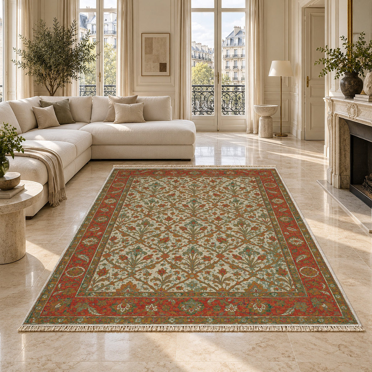 Iris Treasury Emerald & Terracotta washable rug on a marble floor