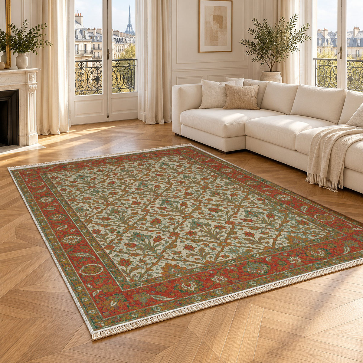 Iris Treasury Emerald & Terracotta washable rug angled room view