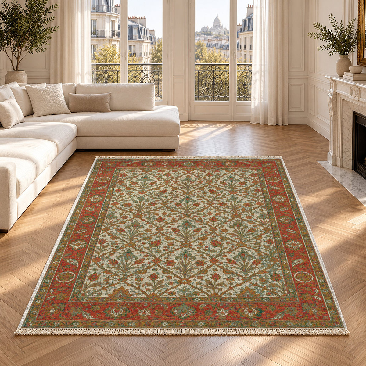 Iris Treasury Emerald & Terracotta washable rug in a Paris living room