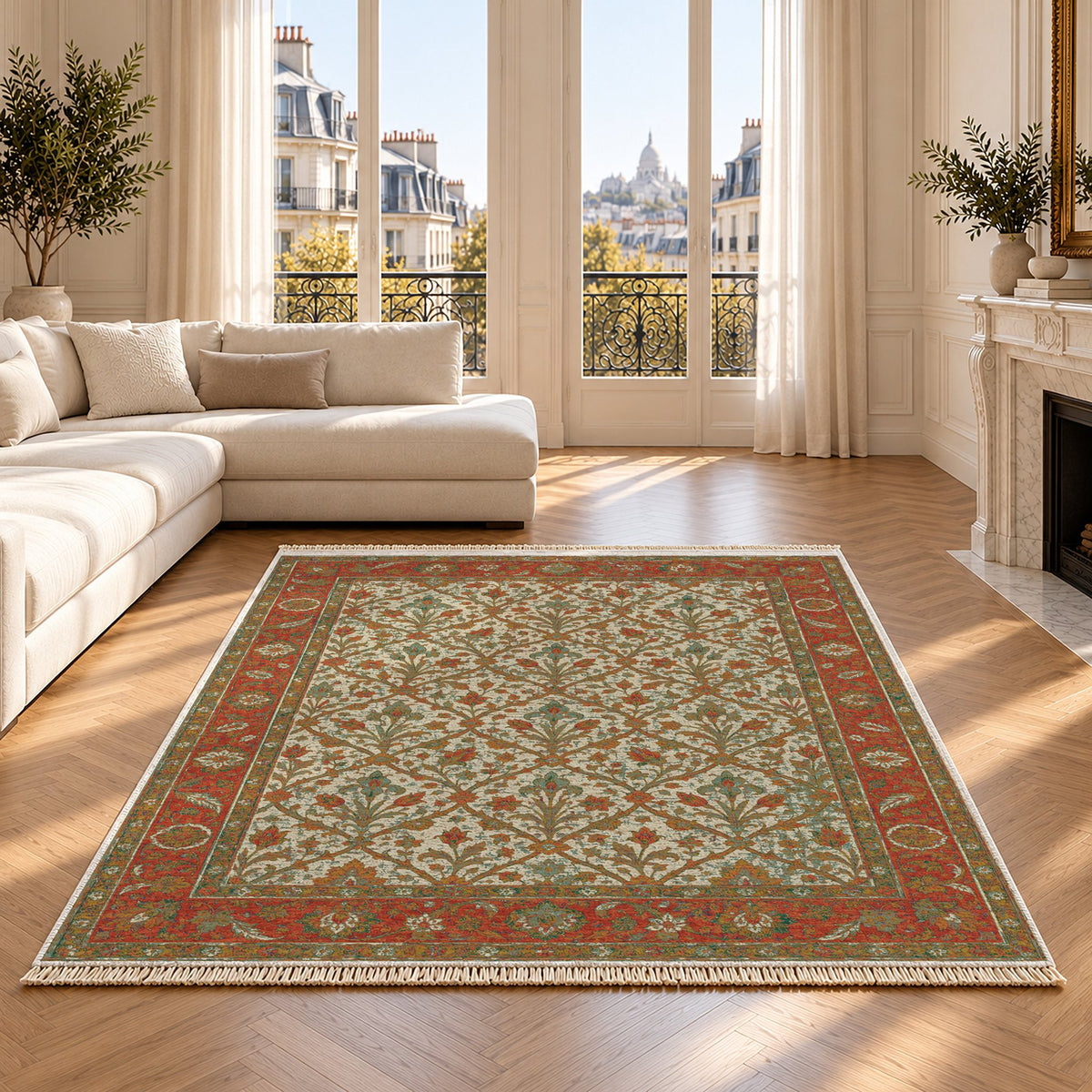 Iris Treasury Emerald & Terracotta washable rug on an oak floor