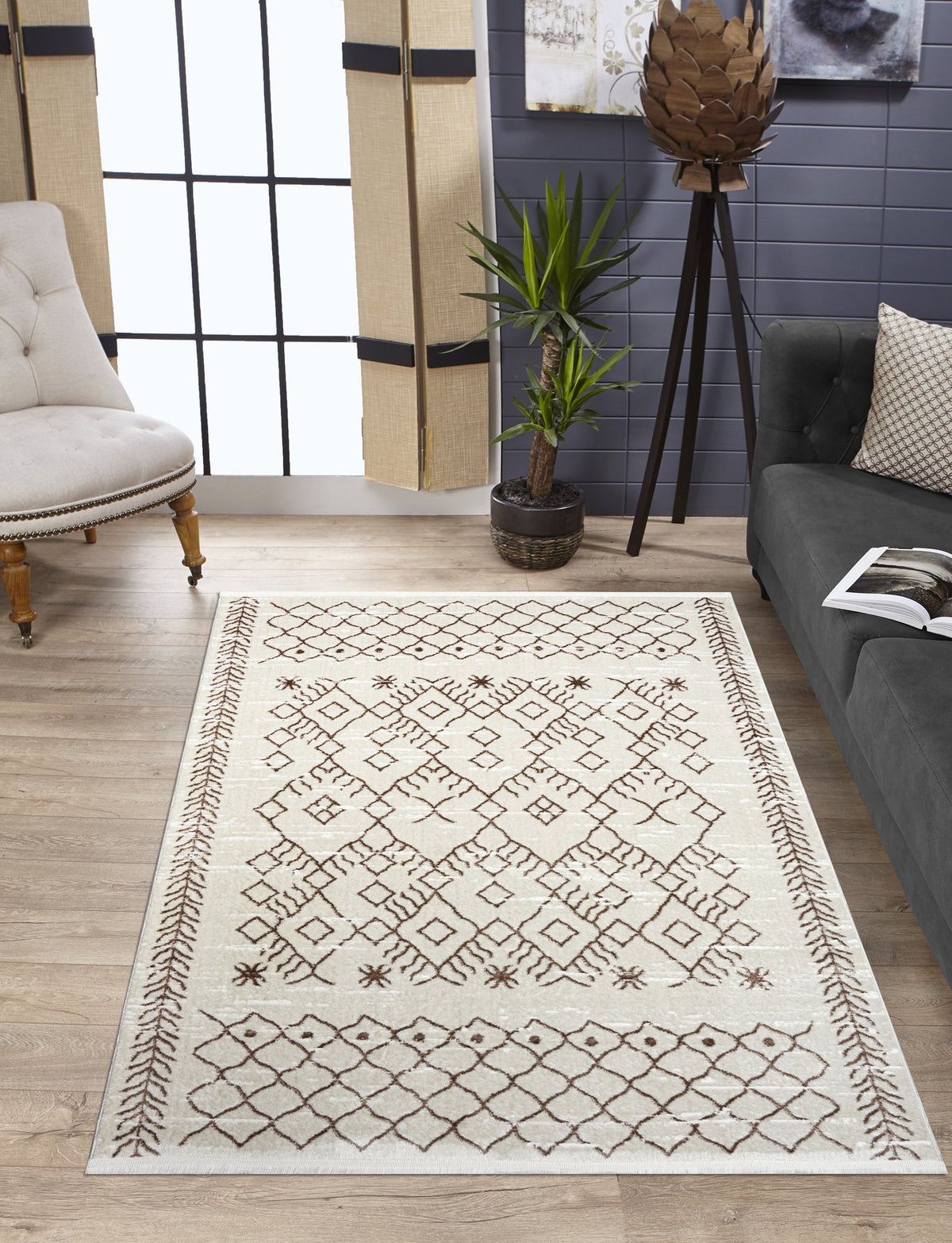 Ivory & Brown Berber Area Rug in a living room