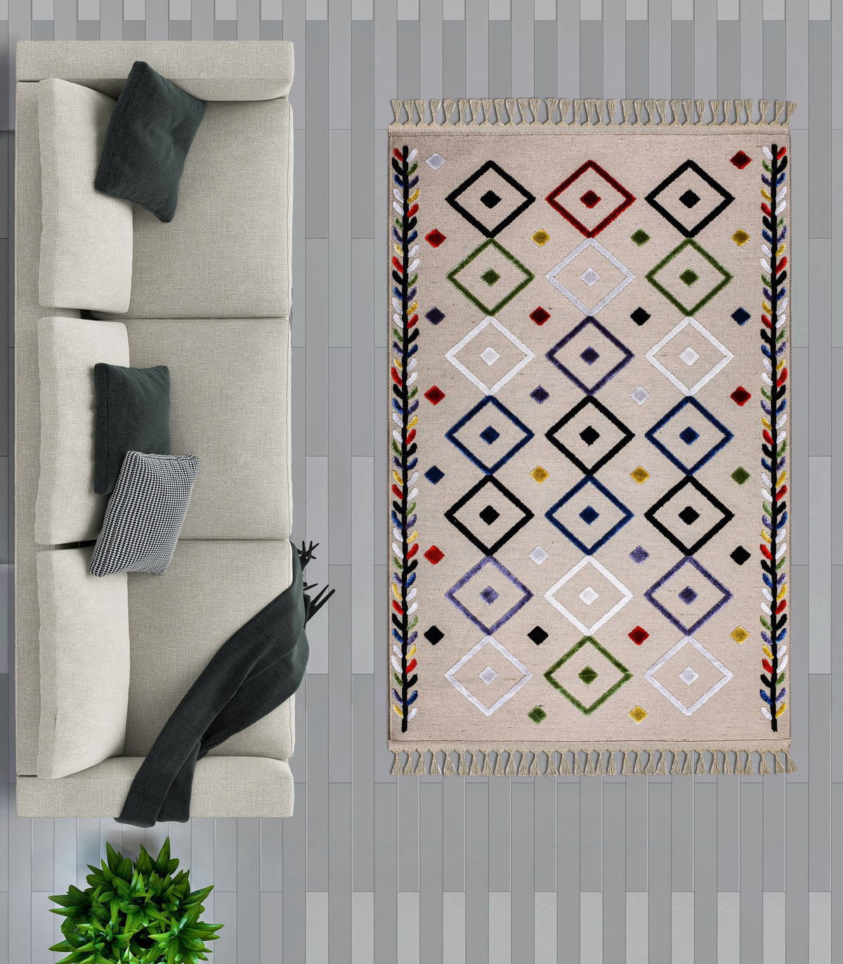 Ivory & Multicolour Berber Diamond Area Rug in a living room
