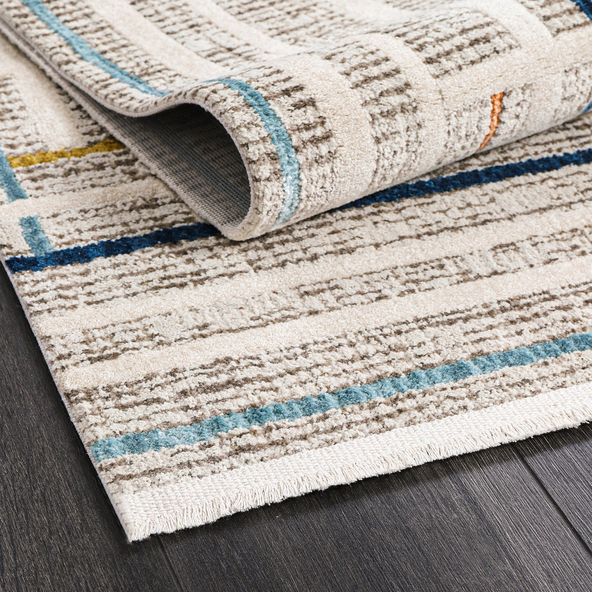 Ivory & Multicolour Linear Frame Area Rug pile close-up