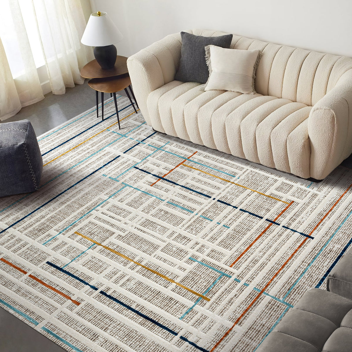 Ivory & Multicolour Linear Frame Area Rug in a living room