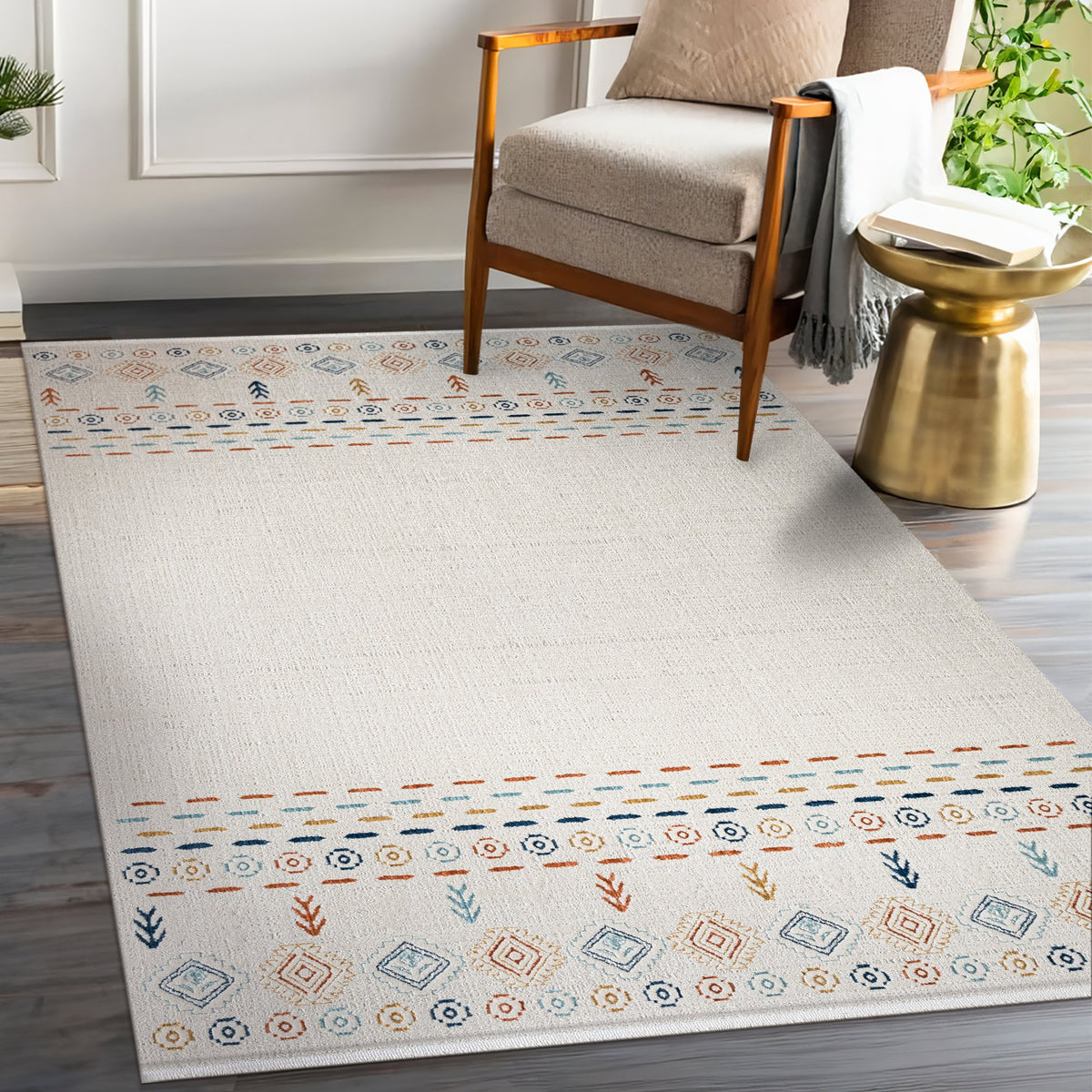 Ivory & Pastel Bohemian Border Area Rug in a living room
