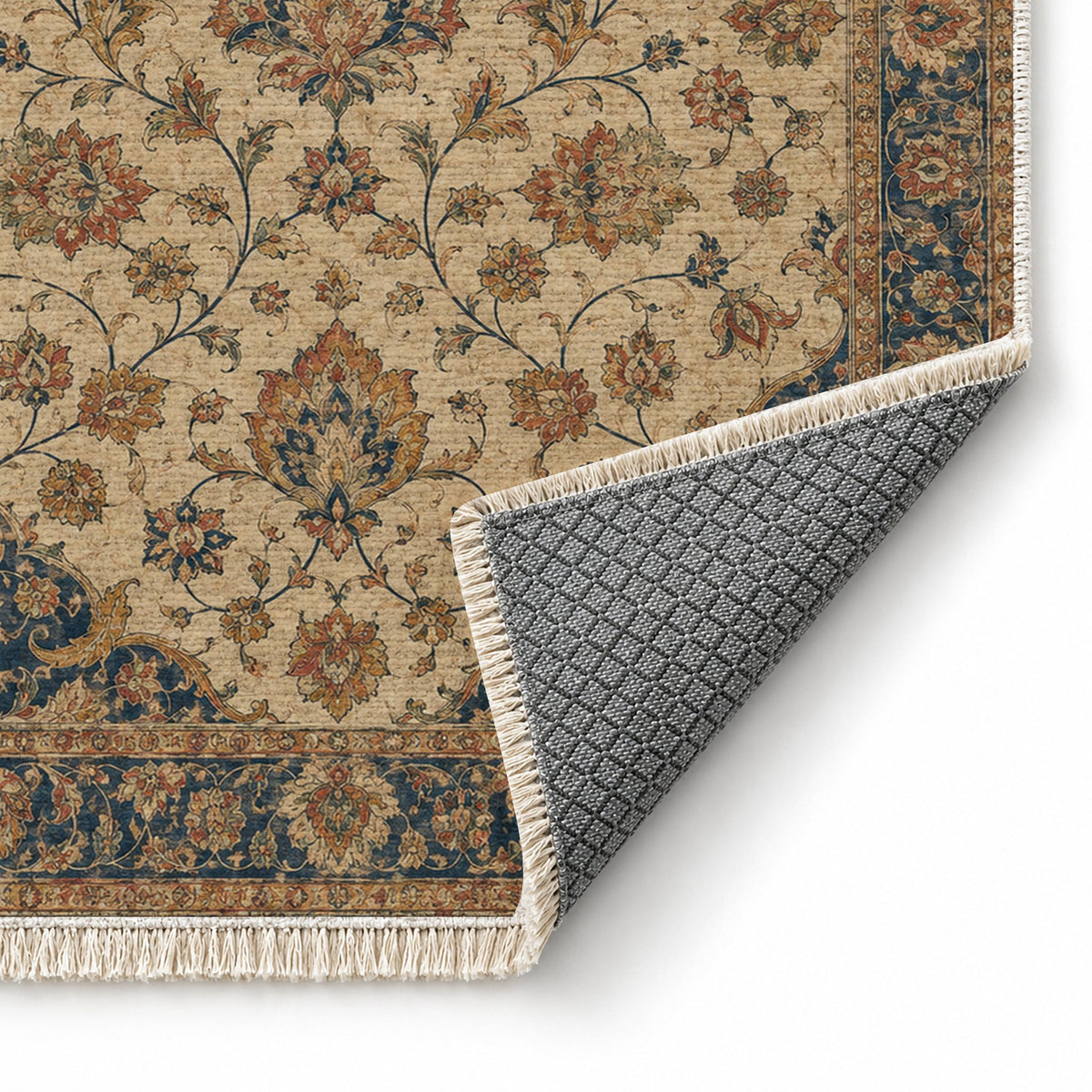 Ivory Arabesque Indigo & Rust washable rug folded corner showing the backing