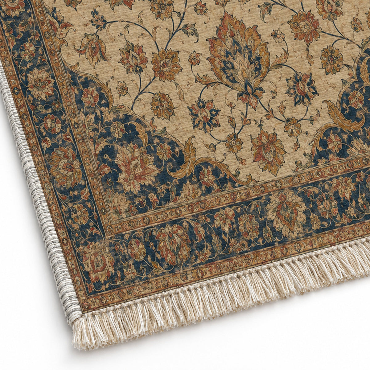 Ivory Arabesque Indigo & Rust washable rug close-up of the printed chenille