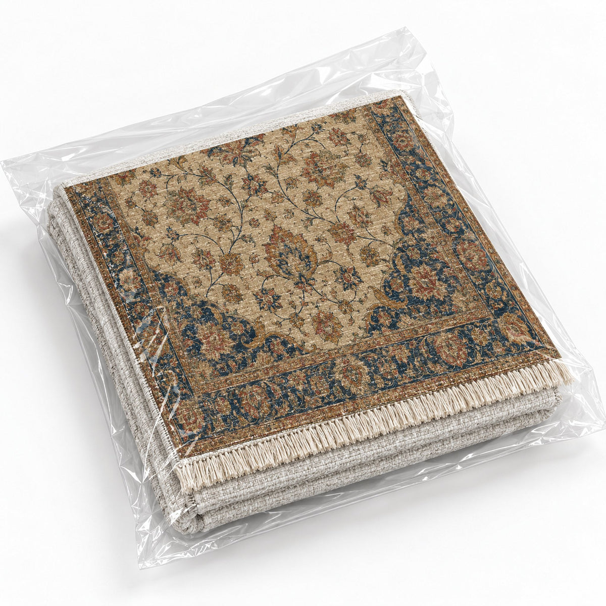 Ivory Arabesque Indigo & Rust washable rug rolled and packaged
