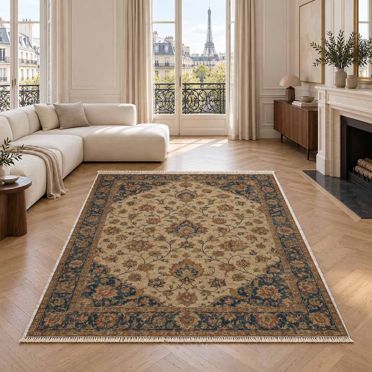 Ivory Arabesque Indigo & Rust washable rug in a living room with an Eiffel Tower view