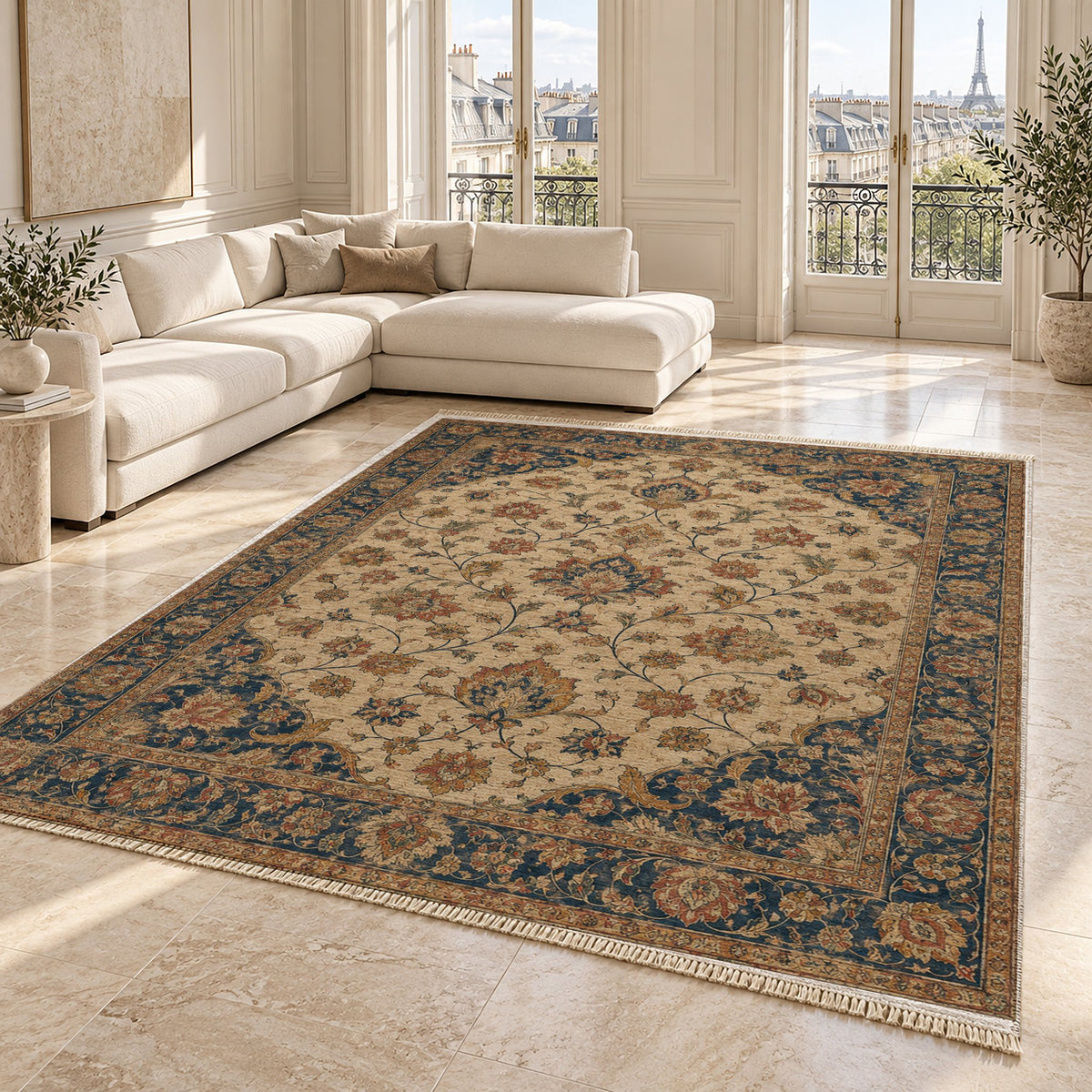 Ivory Arabesque Indigo & Rust washable rug angled room view on marble