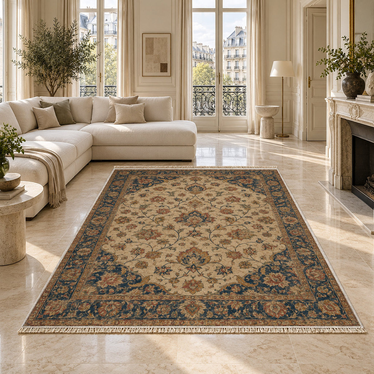 Ivory Arabesque Indigo & Rust washable rug on a marble floor