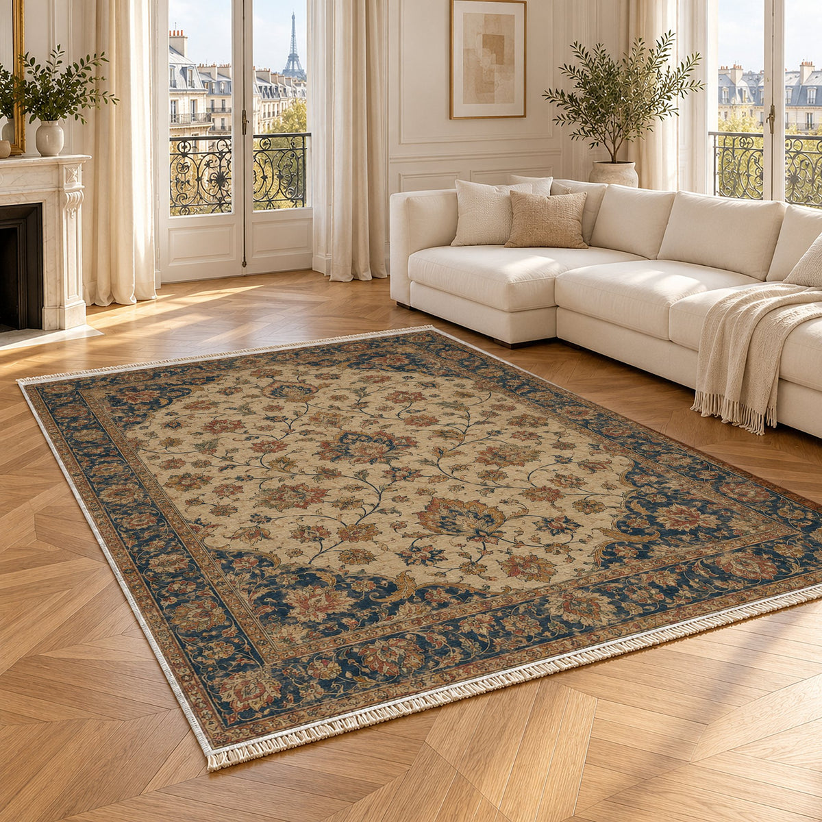 Ivory Arabesque Indigo & Rust washable rug angled room view