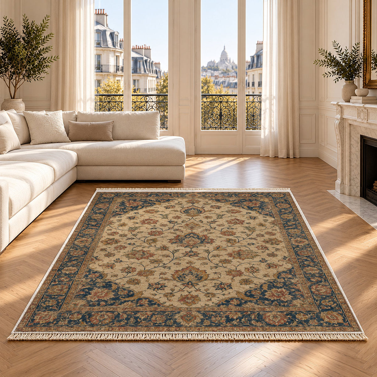 Ivory Arabesque Indigo & Rust washable rug on an oak floor