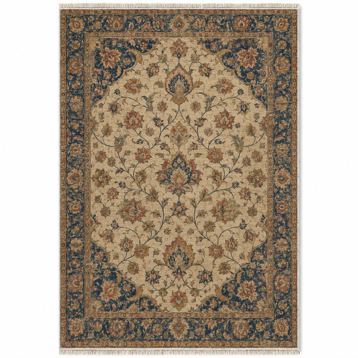 Ivory Arabesque Indigo & Rust washable rug top view