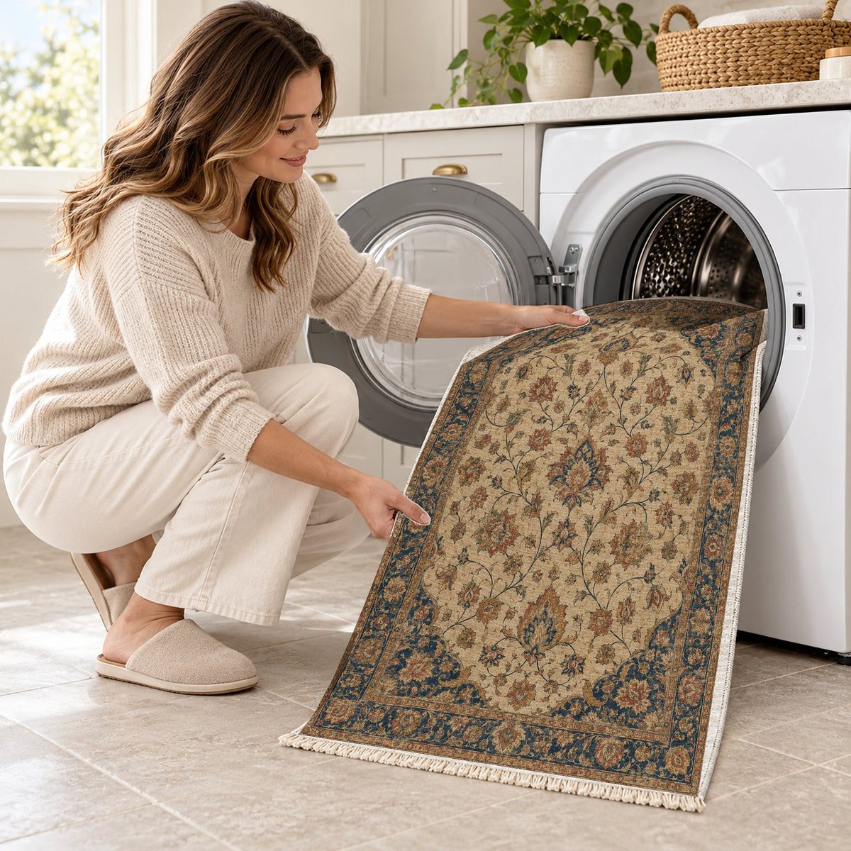 Ivory Arabesque Indigo & Rust washable rug being loaded into a washing machine