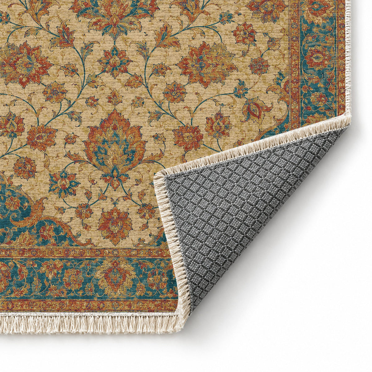 Ivory Arabesque Peacock & Ochre washable rug folded corner showing the backing