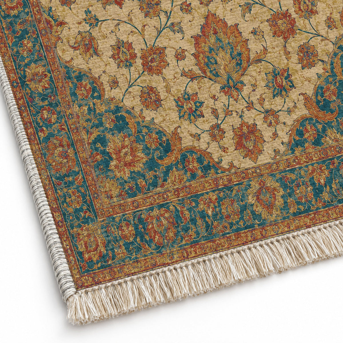 Ivory Arabesque Peacock & Ochre washable rug close-up of the printed chenille