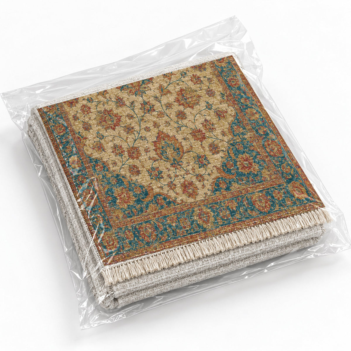 Ivory Arabesque Peacock & Ochre washable rug rolled and packaged